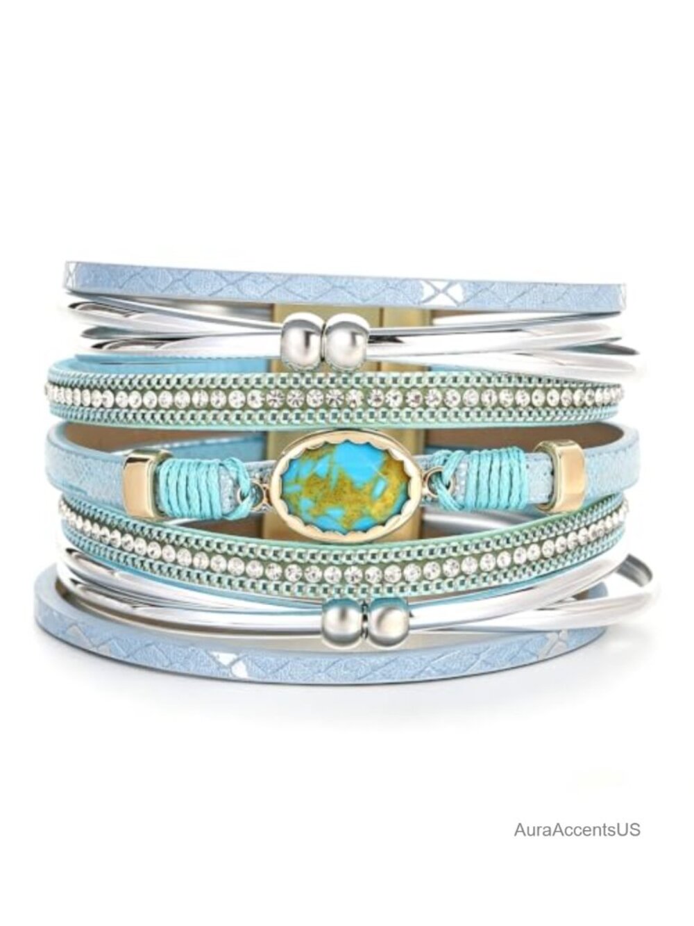 Layered Boho Wrap Cuff Bracelet with Clasp Faux Leather Rhinestone Jewelry